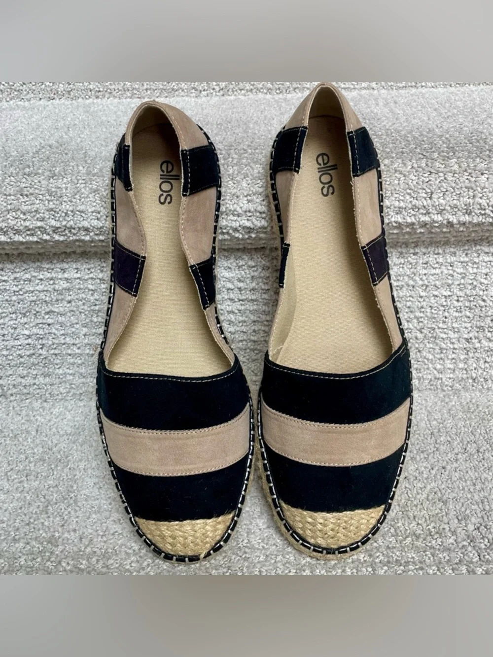 Ellos Women's 11M Faux Black Tan Suede Jute Espadrille Flats Shoes Summer Travel